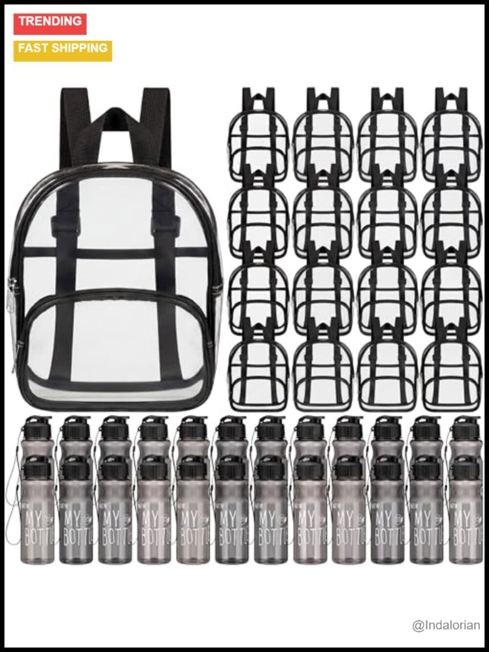 Bulk Backpack & Water Bottle Set, Clear PVC, Charity Donation Supplies